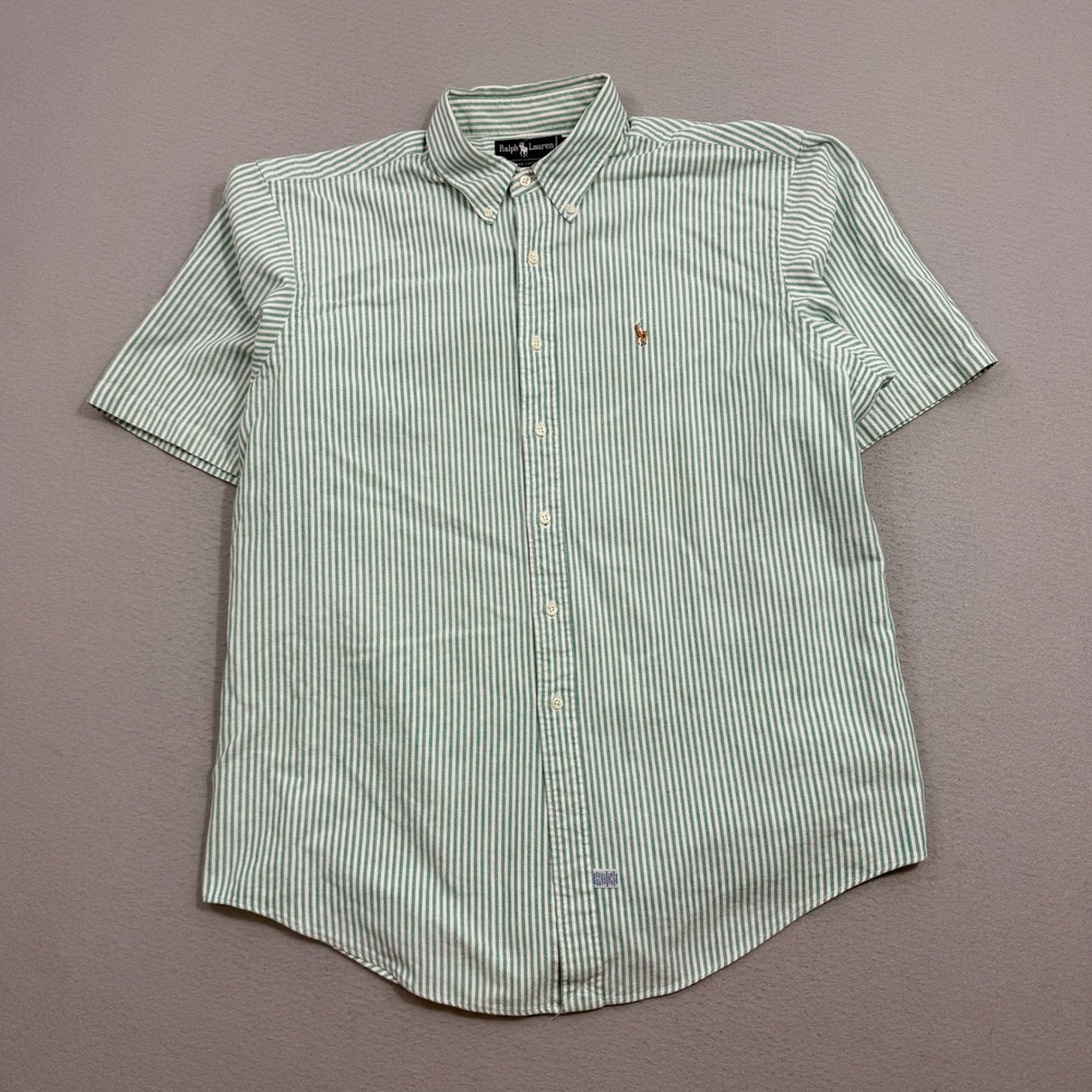 Vintage Polo Ralph Lauren Shirt XXL Green Striped Button Up Short Sleeve Oxford